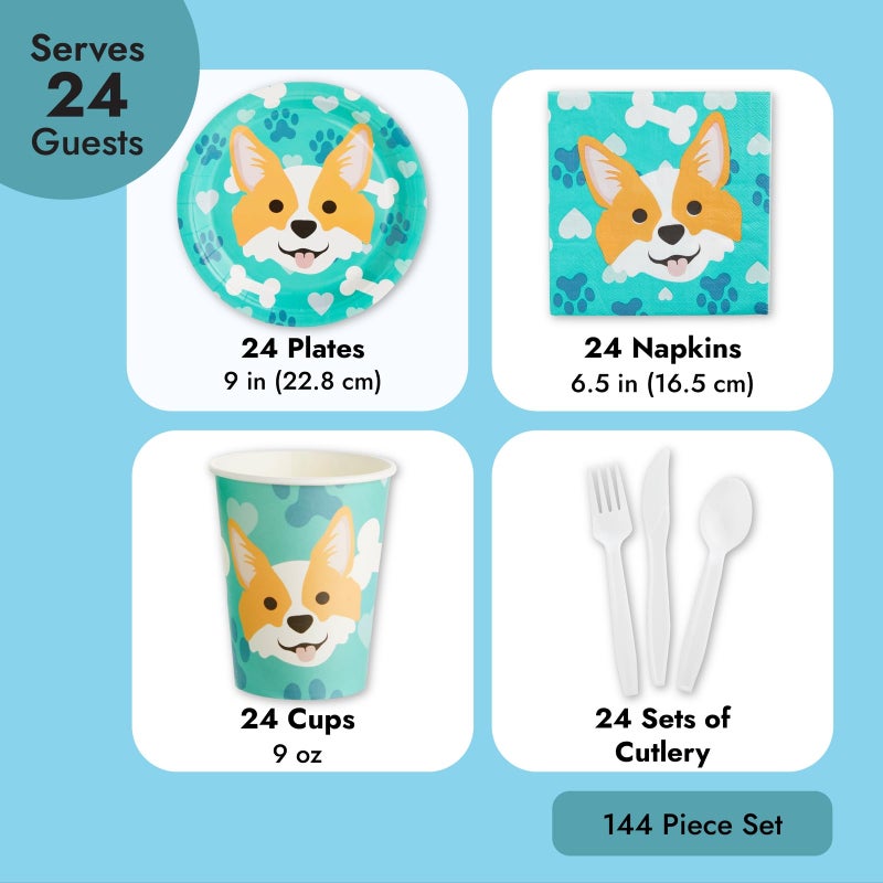 Blue Panda 144 Piece Corgi Party Supplies, Dog Birthday Decorations with Paper Plates, Napkins, Cups, and Cutlery (Serves 24) - Image 4